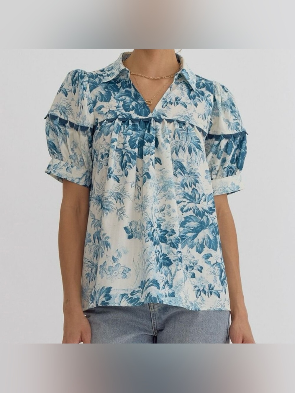 Entro Blue Teal Floral Puff Sleeve Collared Blouse NWT Large